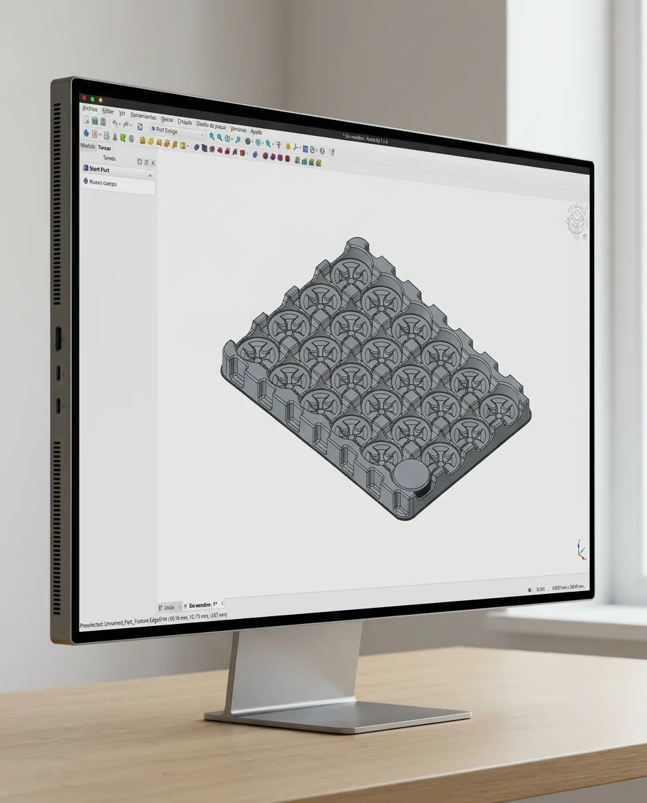 Monitor con el modelado CAD de una bandeja de alvéolos