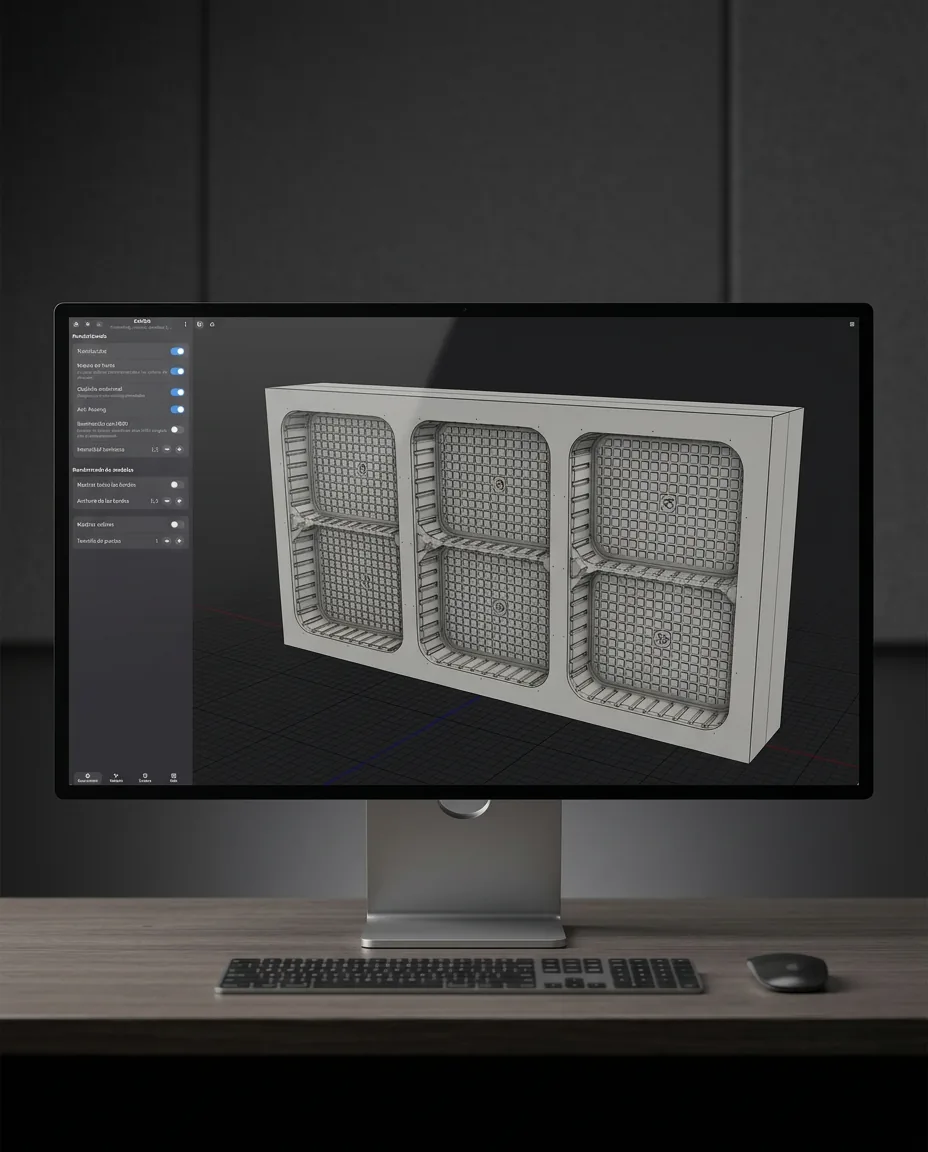 Monitor con el diseño CAD de un molde de varias huellas